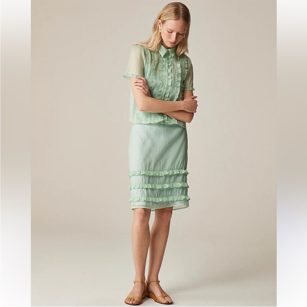 J Crew Skirt 8 Sheer Crinkled Ruffle-Trim Slip Green - Picture 2 of 12